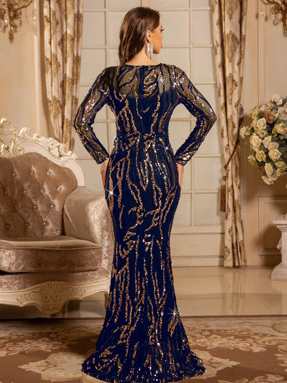 Black Gold Sequined Evening Gown for Women Elegant Full Sleeved Padded Long Prom Dresses Navy Green