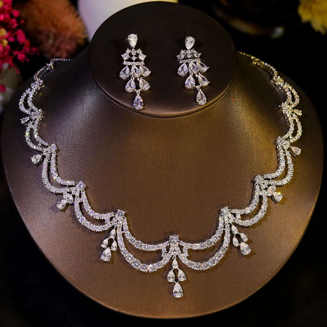 High Quality Two-layer Wavy Necklace Light Luxe Zircon Jewelry Set Bride Wedding Dress Accessories  Ornaments Girlfriend's Gift