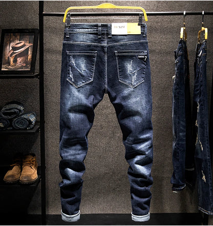 2025 New Ripped Jeans Men Slim-fit Denim Pants Cotton Korean Style Fashion Elasticity Versatile Blue Black Men's Clothing