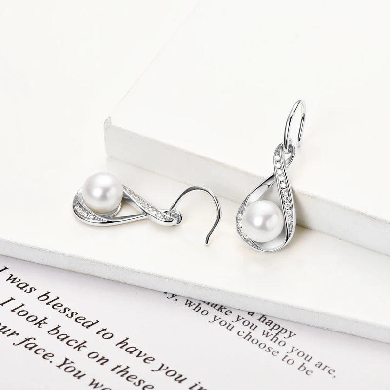 Moissanite Natural Freshwater Pearl Infinity Pendant Necklace & Earrings Sets for Women 925 Sterling Silver Wedding Jewelry Set