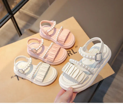 Girls Sandals Pleated Ins Trendy Kids Princess Shoes Beads Sweet Soft Sole 2025 Summer New Children Beach Shoes Open Toes Cute