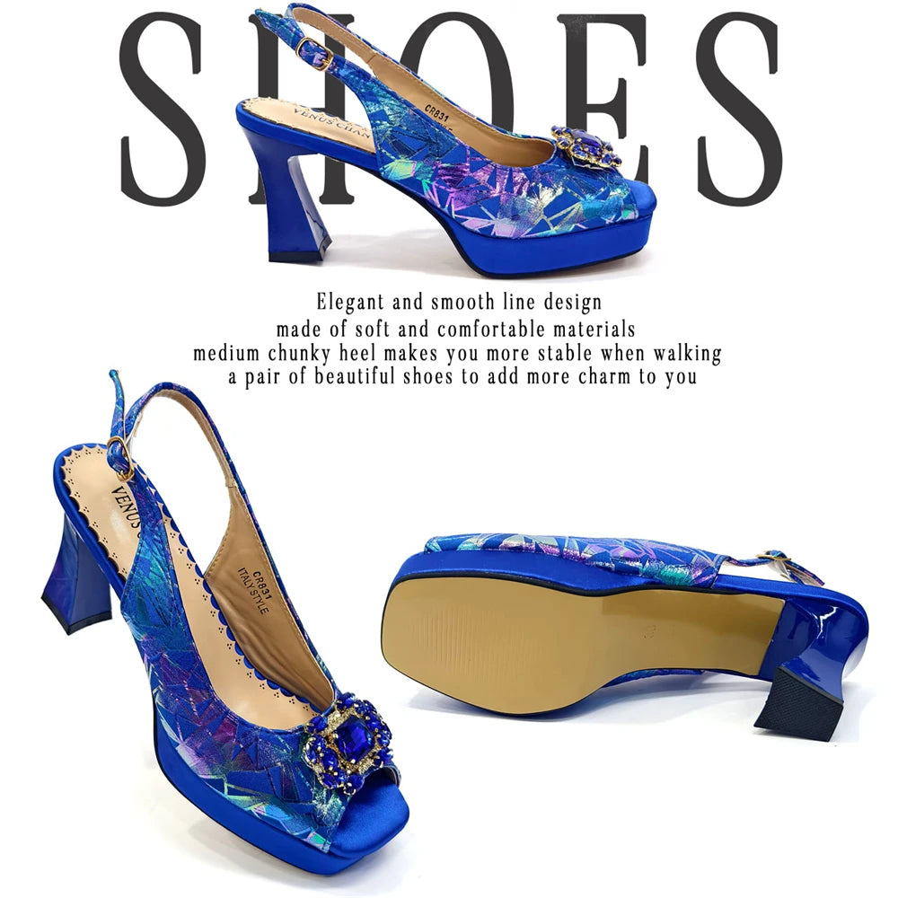 Elegant Women Heels for Peep Toe Good Material Design Rhinestone Fuchsia Sandals Italian Shoes and Bags Matching Set 2025