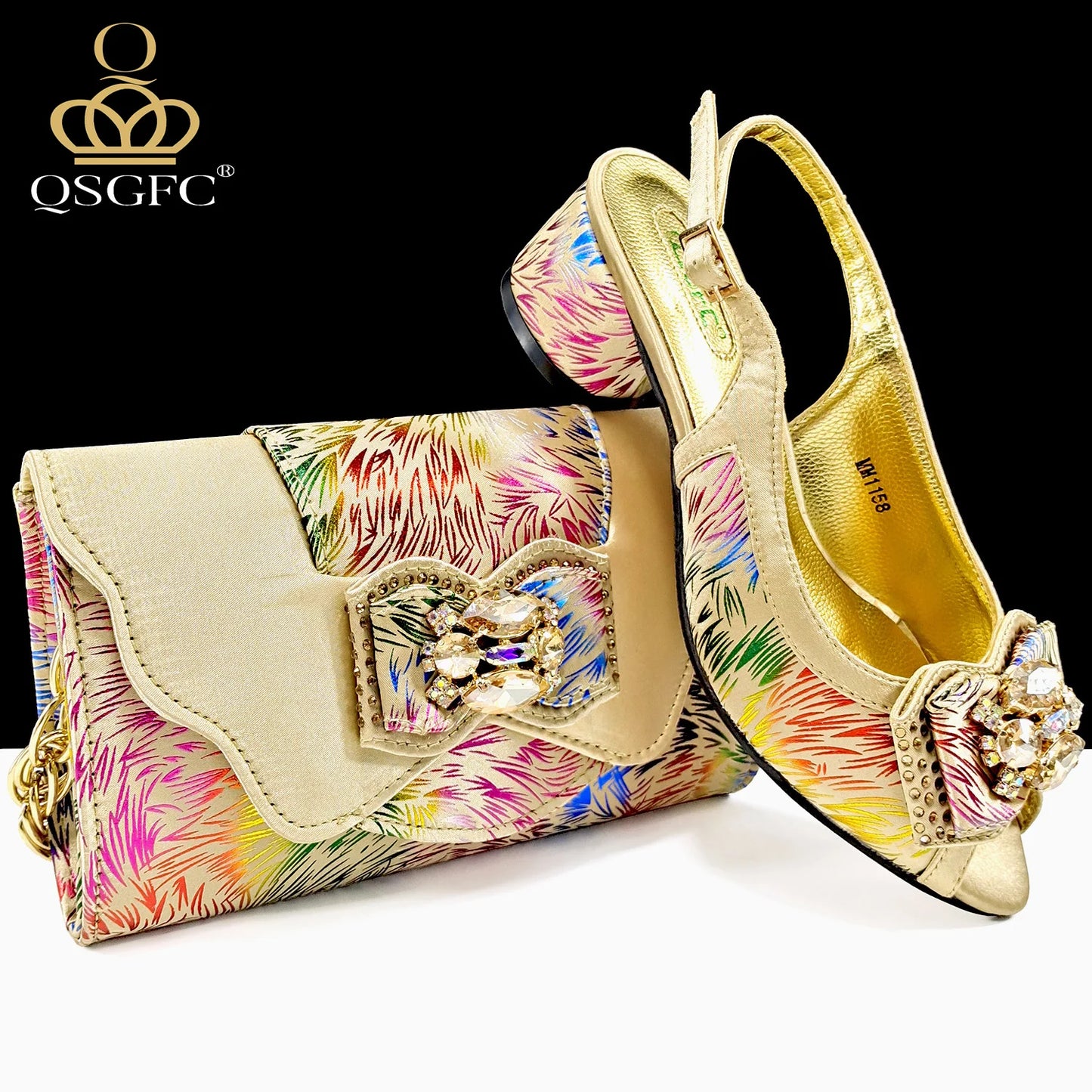 Italian Design Color Matching Rhinestone Comfortable High Heel Shoes And Bag Fashion Style Pointed-Toe Shoes For Women