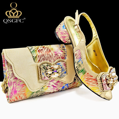 Italian Design Color Matching Rhinestone Comfortable High Heel Shoes And Bag Fashion Style Pointed-Toe Shoes For Women