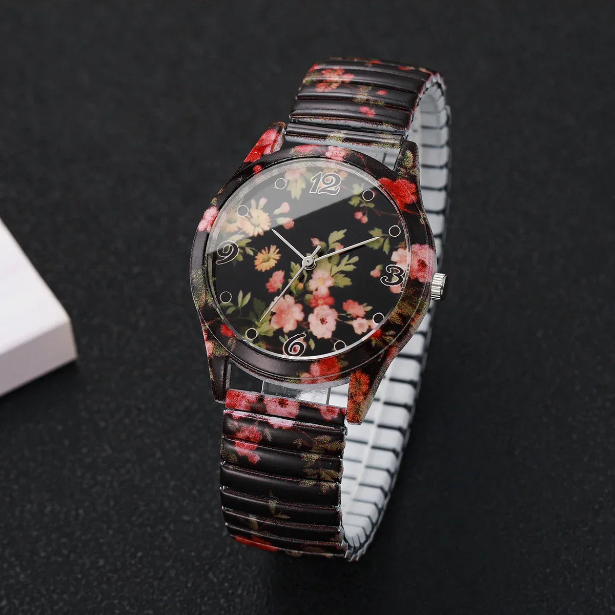 2/3PCS Fashion Flower Printed Women Quartz Wristwatches Set Ladies Casual Elastic Strap Arabic Dial Watch（Without Box）
