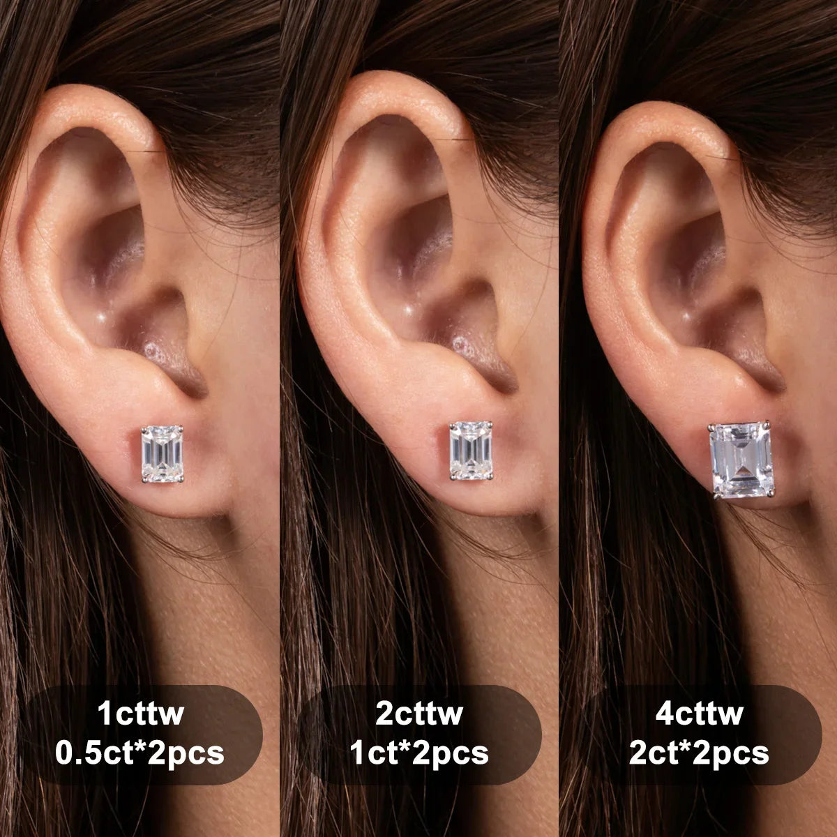 10k Gold 4/2/1ct Emerald Moissanite Stud Earrings 10K Gold Post Anti-allergy Eearrings For Women Jewelry Wholesale