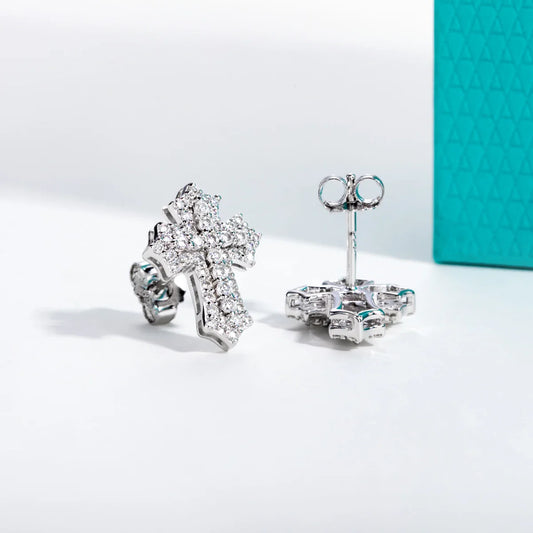0.78cttw Iced Out Moissanite Cross Stud Earrings 925 Sterling Silver Pimped Out Earring New Age Hip Hop Jewelry for Men