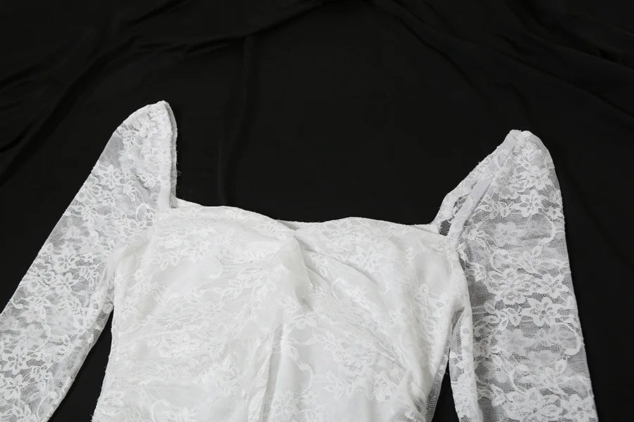 Lace Flare Sleeve Square Neck A-line Dress Sweet E-girl Irregular Long Hem Dresses Cyber Y2K Party Vestido