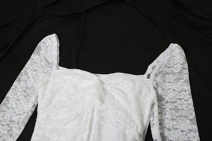 Lace Flare Sleeve Square Neck A-line Dress Sweet E-girl Irregular Long Hem Dresses Cyber Y2K Party Vestido