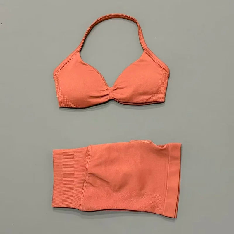 2 Piece Gym Sets Woman Sports Strappy Bra Seamless Set Quick Dry Fitness Squat Proof Shorts Sportswear Running Workout Suit