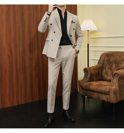 ( Blazers + Pants ) Boutique Fashion Solid Color Double-breasted Men's Casual Business Slim Suit 2-piece Set Groom Wedding Dress
