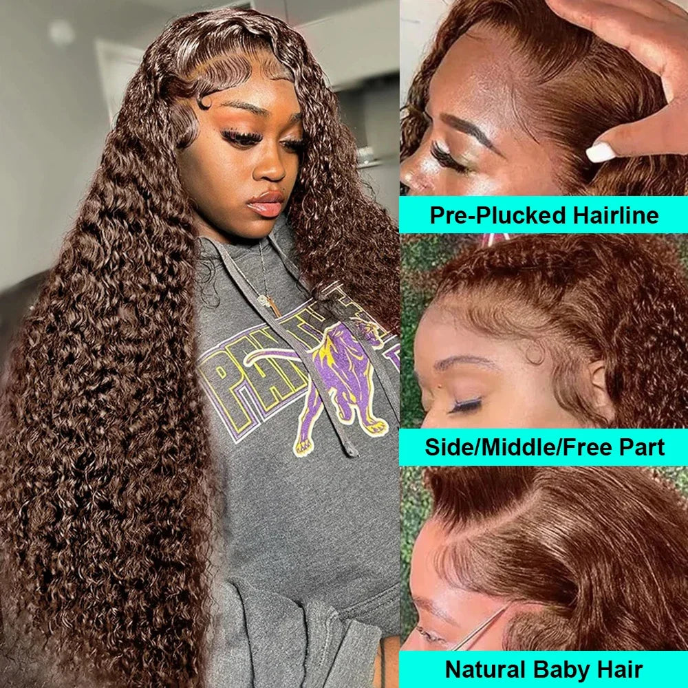 Chocolate Brown Curly Lace Front Wigs Human Hair Pre Plucked Deep Wave HD Transparent Lace Frontal Wig Brazilian Glueless Wigs