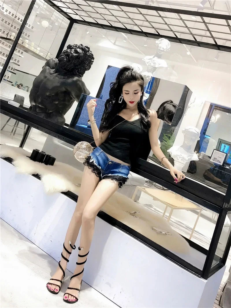 Pure Desire Sweet Spicy Girl Denim Shorts Lace Stitching Super Low Waist Sexy Hot Pants Slimming Women's Versatile Super Shorts