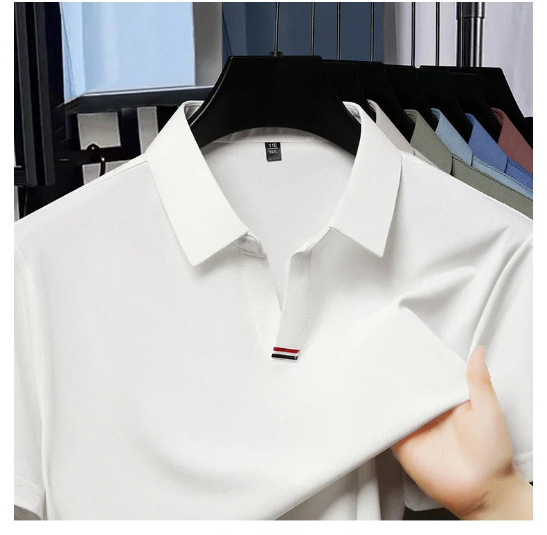 High quality brand solid color V-neck short sleeve polo shirt men summer fashion simple casual ice silk breathable lapel T-shirt