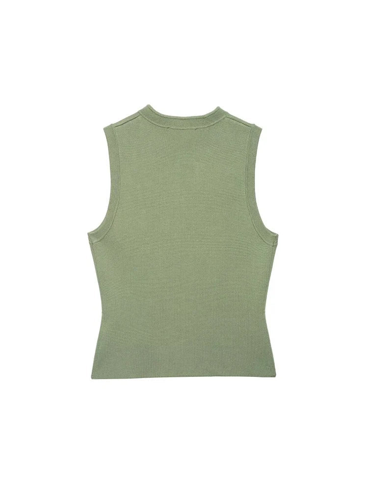 Women Knitting Tank Tops Camis 2026 Summer O-Neck Buttons Solid Sleeveless Female Elegant Street Top Clothing