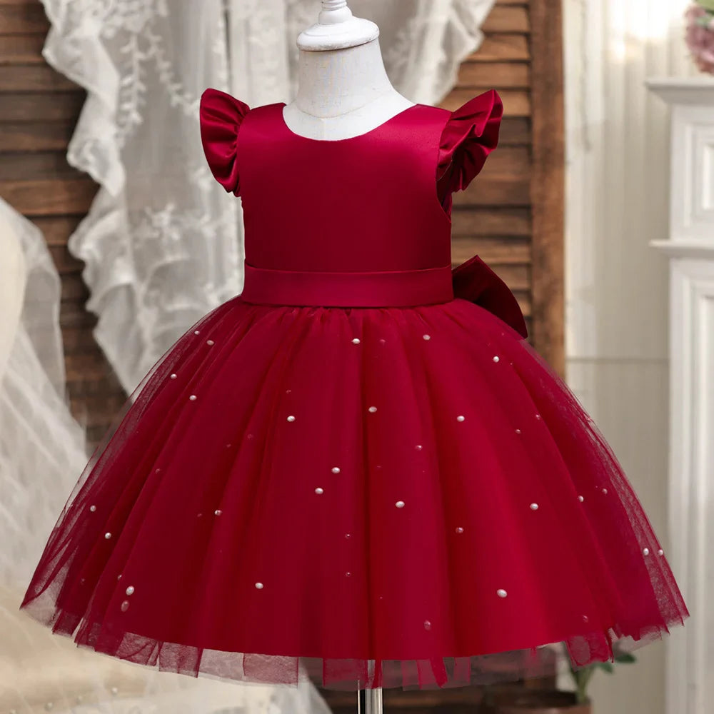 Toddler Girl Red Princess Dress Baby Girl 1st Birthday Party Tutu Gown Backless Bow Beading Xmas Costume