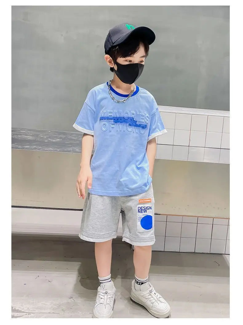 Teen Boys Tracksuit Clothes Sets 2026 Summer Children Gradient Letter Print Short Sleeve T-shirt+Shorts 2Pcs Kids Casual Outfits