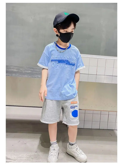 Teen Boys Tracksuit Clothes Sets 2026 Summer Children Gradient Letter Print Short Sleeve T-shirt+Shorts 2Pcs Kids Casual Outfits