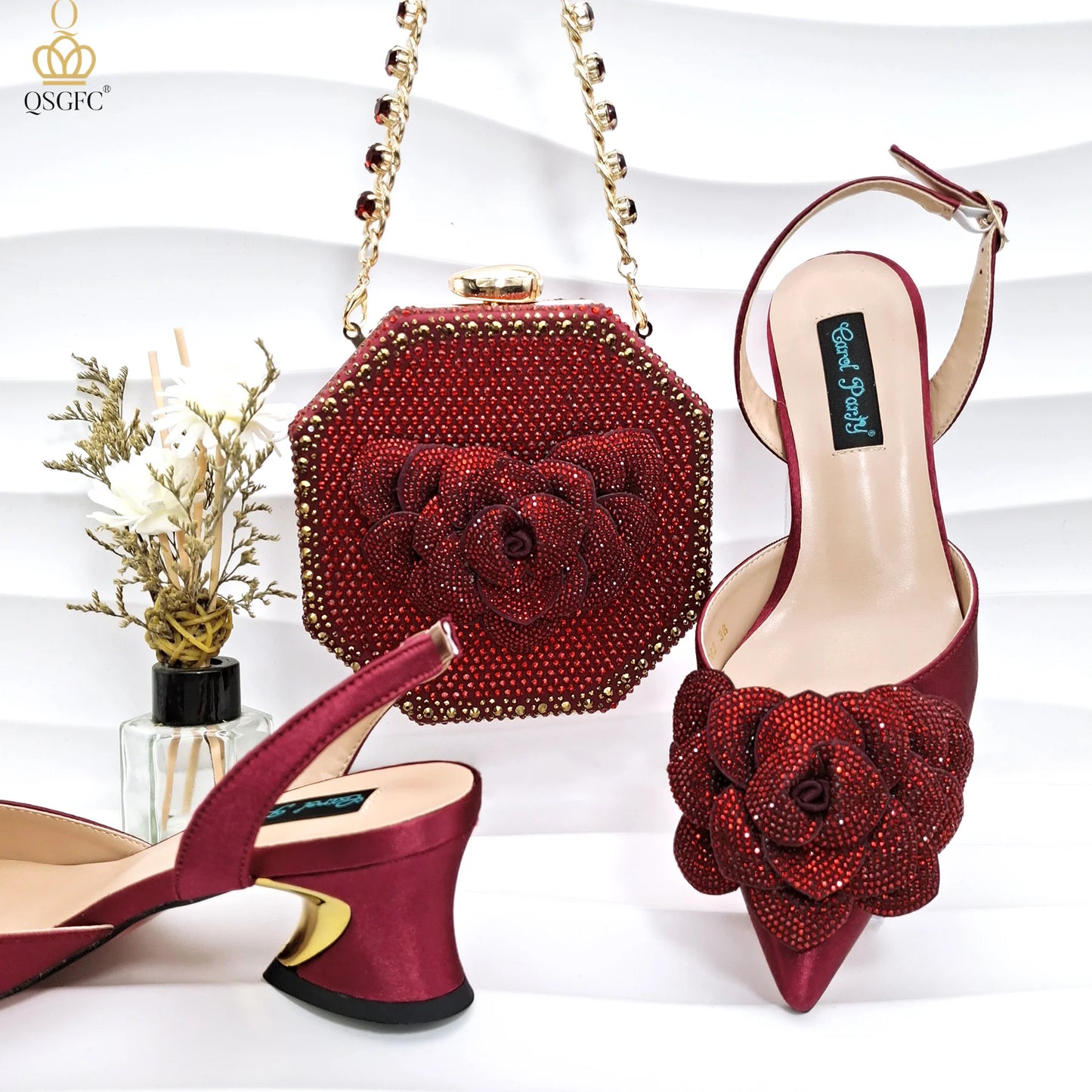 Evening Shoes And Bags Set With Full Diamond Handmade Petal Clutches Pointed Toe Mid-Heel Women Shoes