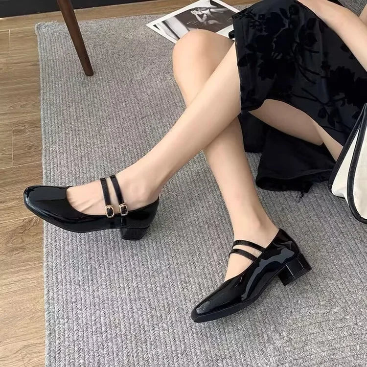 2025 New Women's Burgundy Patent Leather Mary Jane Pumps - Vintage-Inspired Double Gold Buckle Low Block Heel Dress Shoes