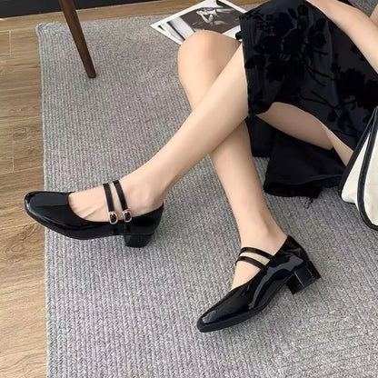2025 New Women's Burgundy Patent Leather Mary Jane Pumps - Vintage-Inspired Double Gold Buckle Low Block Heel Dress Shoes