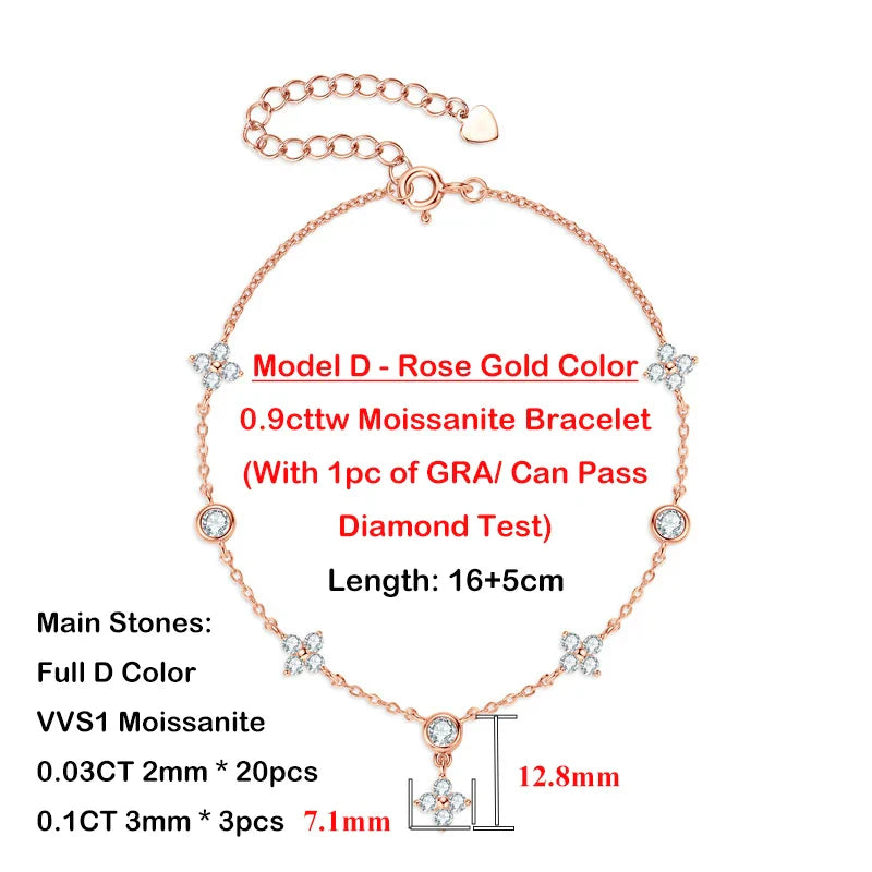 4-Leaf Clover GRA Certified 0.9cttw D Color Moissanite Diamond Bracelet for Woman 925 Silver Link Bracelets Fine Jewelry