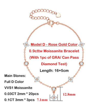 4-Leaf Clover GRA Certified 0.9cttw D Color Moissanite Diamond Bracelet for Woman 925 Silver Link Bracelets Fine Jewelry