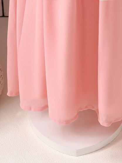 Summer Girls' Round Neck Flying Sleeve Solid Color Princess Dress With Cinched Waist To Show Off Slimming Temperament Dress