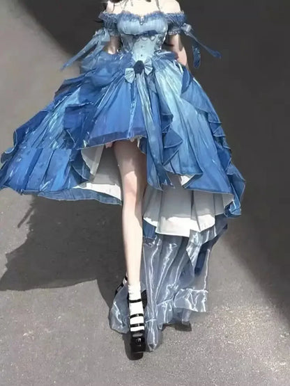 Original Lolita Trailing Puffy Dress Women Short Front Long Back Princess Blue Flower Wedding Dress Elegant Off Shoulder