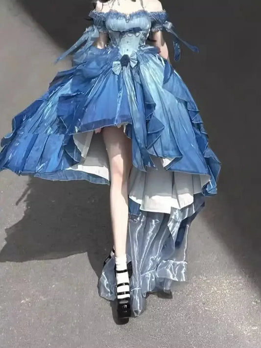 Original Lolita Trailing Puffy Dress Women Short Front Long Back Princess Blue Flower Wedding Dress Elegant Off Shoulder