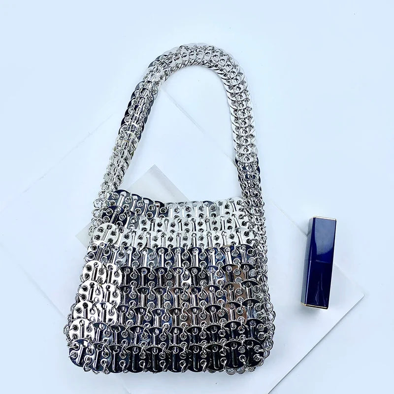 Shiny vintage iron sheet bag, hand-woven silver sequins, metal dumpling bag, mobile phone bag, handbag, shoulder bag