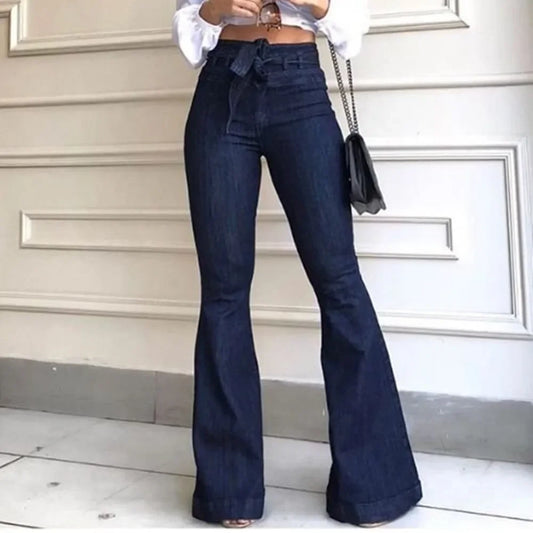 Women Denim Tie Waist Flare Jeans