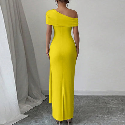Vestidos Longos de Festa Sensuais para Mulheres, Vestido de Cor Sólida sem Mangas com Decote Diagonal, Vestido Maxi Plissado Justo, Vestido Bodycon Moderno