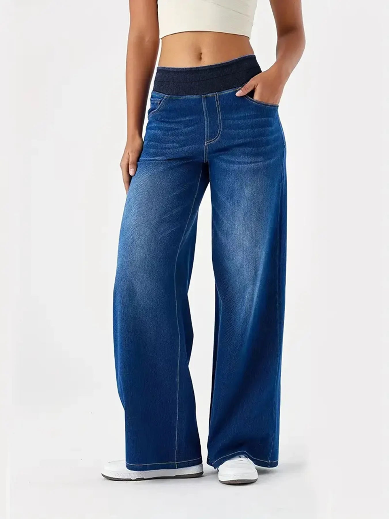 Women's Jeans New Elastic Waist High Stretch Loose Straight-Leg Pants Trendy Comfortable Versatile Cross-Border