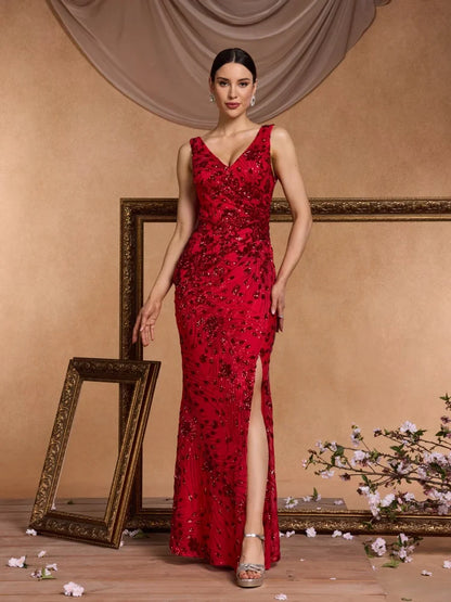 Elegant Slit Evening Dresses Women Long Mermaid Formal Sequins Sexy V-neck Caicktail Wedding Party Prom Gowns