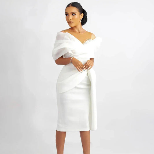 Customized Short Wedding Dress White Off the Shoulder Sheath/Column Wedding Gown for Women Bride Knee Length Beaded Bridal Gown
