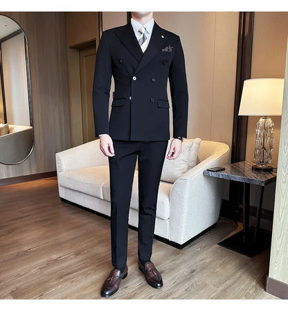 (Jackets+Pants) Luxury Double Breasted Design Slim Fit Suit High Quality Fashion Men's Wedding Social Suit Tuxedo 2 Piece Set