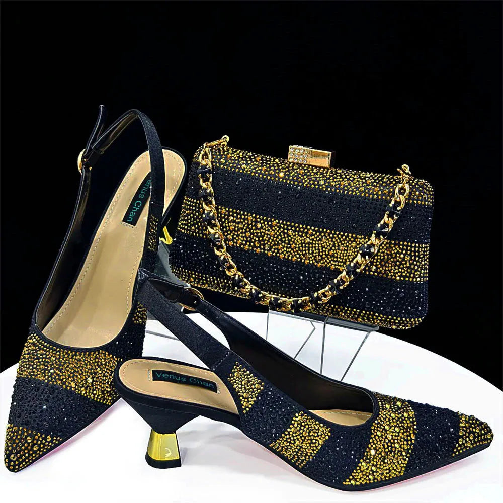 Elegant High Heels Shoes and Bag Set for Women Pointed Toe Black Color Hollow Rhinestones Matching Bag