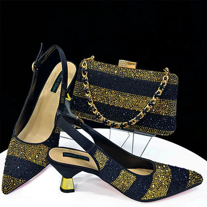 Elegant High Heels Shoes and Bag Set for Women Pointed Toe Black Color Hollow Rhinestones Matching Bag