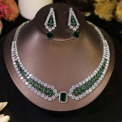 Conjuntos de joias de casamento da moda Brilhante Vermelho e branco incrustado com colar e brincos de cristal CZ 2PCS Acessórios para festa de noiva