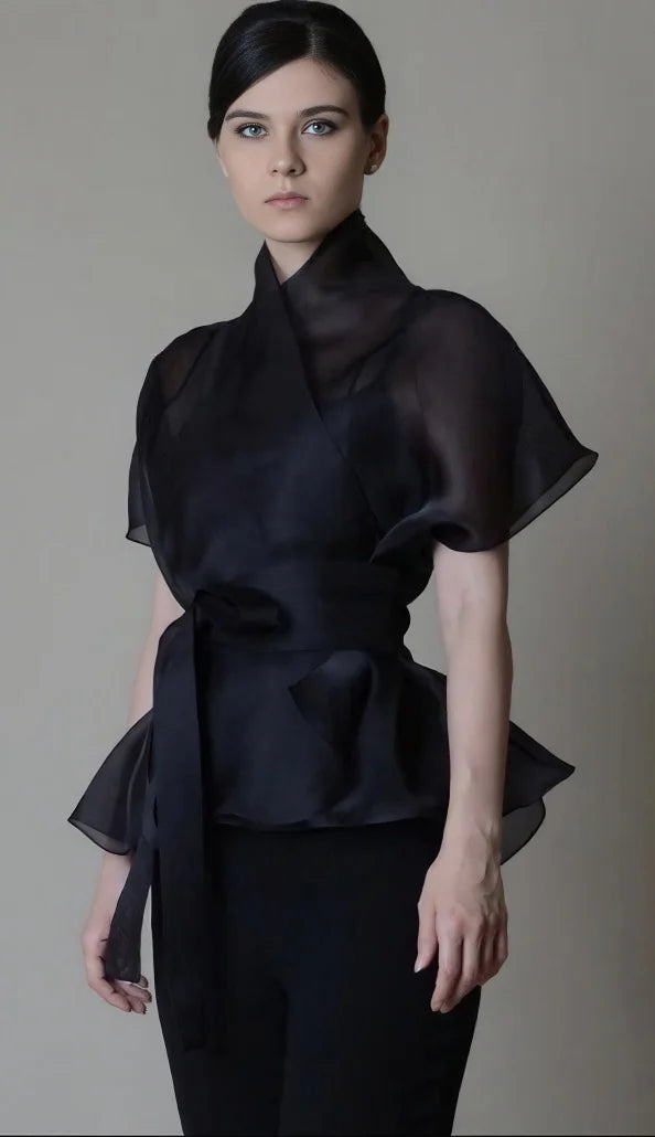 Organza Mesh Blouse for Women Stand Collar Lace-up See Through V-Neck VCasual Elegant Office Lady Half Sleeve Blouse Top
