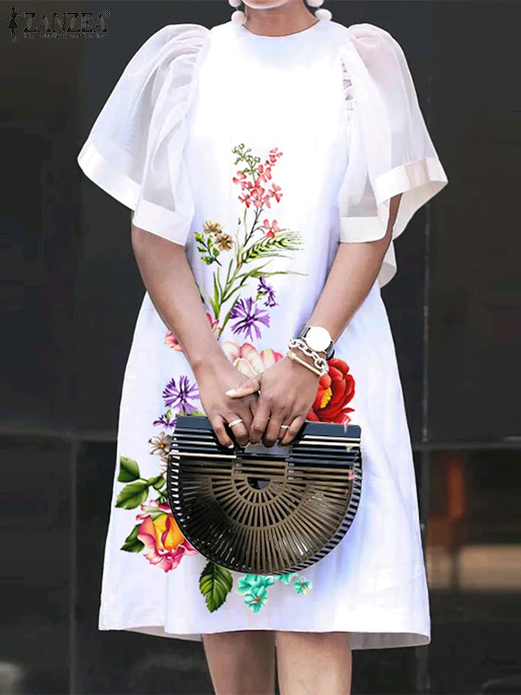 Women Vintage Vestidos Solid Mesh Patchwork Sundress Casual Summer Mini Dress Party Ruffle Short Sleeve Loose Dresses