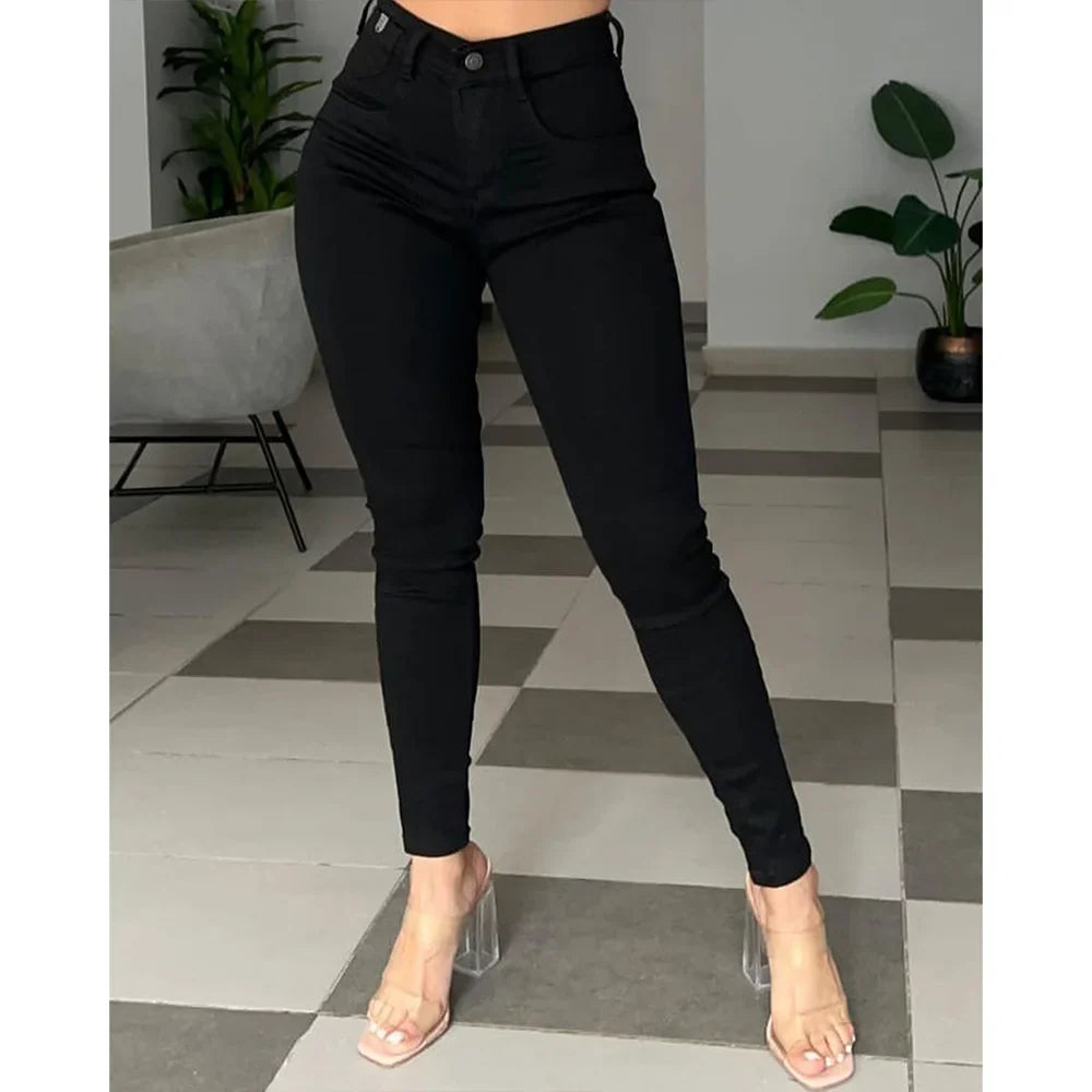 Calça Jeans Feminina Casual Cintura Alta Slim Fit Lápis Bolso Emagrecedor Ajustada Calça Jeans Versátil Deslocamento Rua na Moda