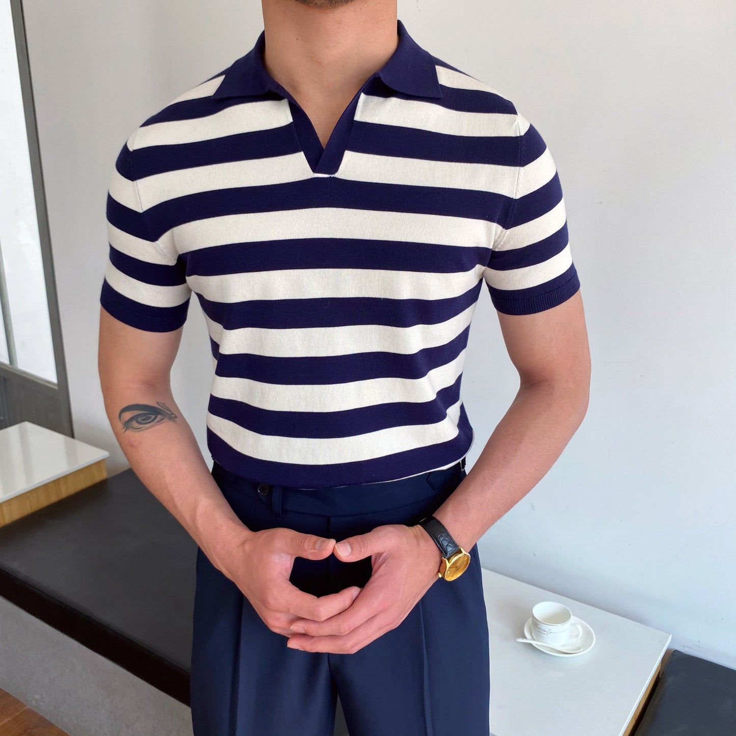 Men's Polo Shirt Elbow-Sleeved T-shirt Fashion Polo Collar Slim-Fit Men Clothing Woolen Sports Polo Tee Shirt Man Golf Shirt EUR