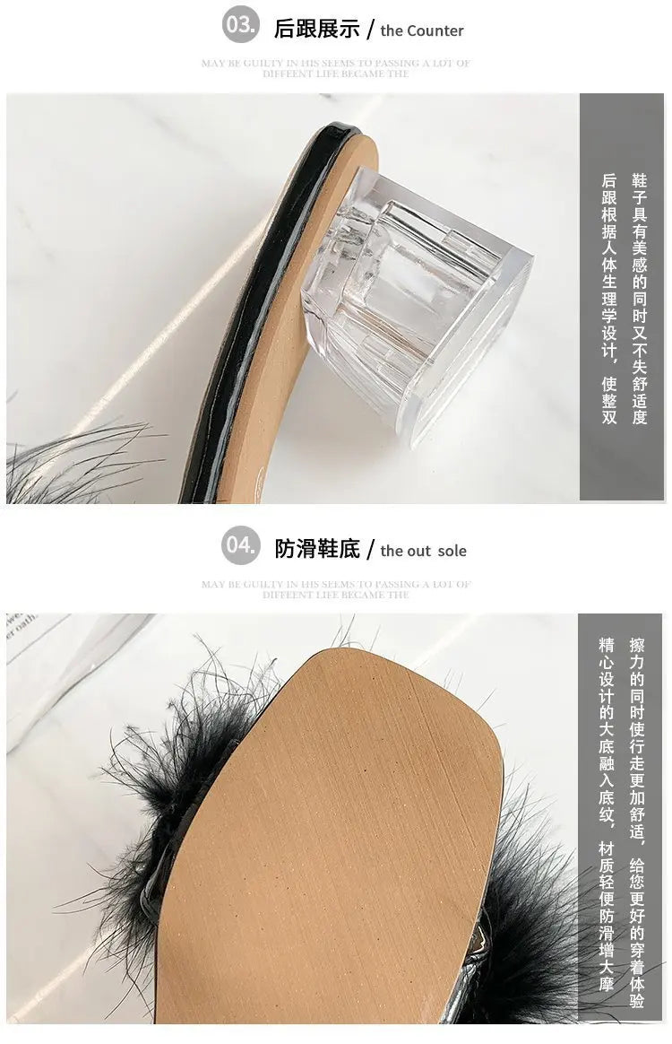 2023 Fluffy Peep Toe Sexy High Heels Women Shoes Fur Feather Lady Fashion Wedding Slip-On Pink Square Toe Women Sandals