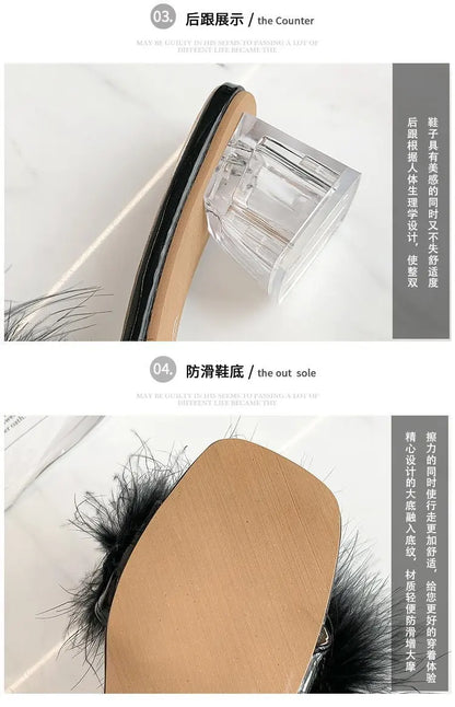2023 Fluffy Peep Toe Sexy High Heels Women Shoes Fur Feather Lady Fashion Wedding Slip-On Pink Square Toe Women Sandals