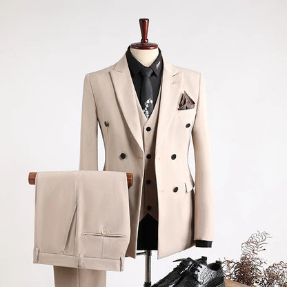Man Suit Outfit Double-breasted Blazer Men V-neck Vest Straight-leg Pant Male Slim Business Wedding Three-piece Set