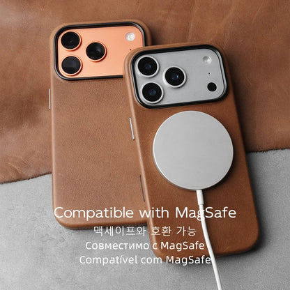 Magnetic Genuine Leather Case for iPhone 17 16 Pro Max 15 14 Compatible with MagSafe Nature Cowhide Retro Phone Cover