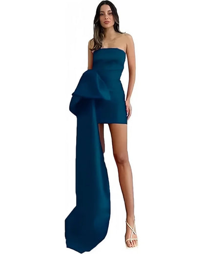 Satin Homecoming Dresses Short A Line Prom Dress Strapless Zipper Open Back Side Big Bow Mini Cocktail Gown Dance Party Dress