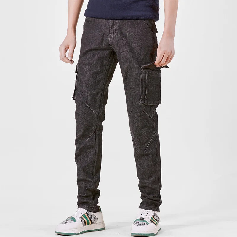 Men's Jeans Street Style Waist Denim Cargo Pants Solid Color Washed Slim Fit Casual Jeans with Multiple Pockets for Daily Wear